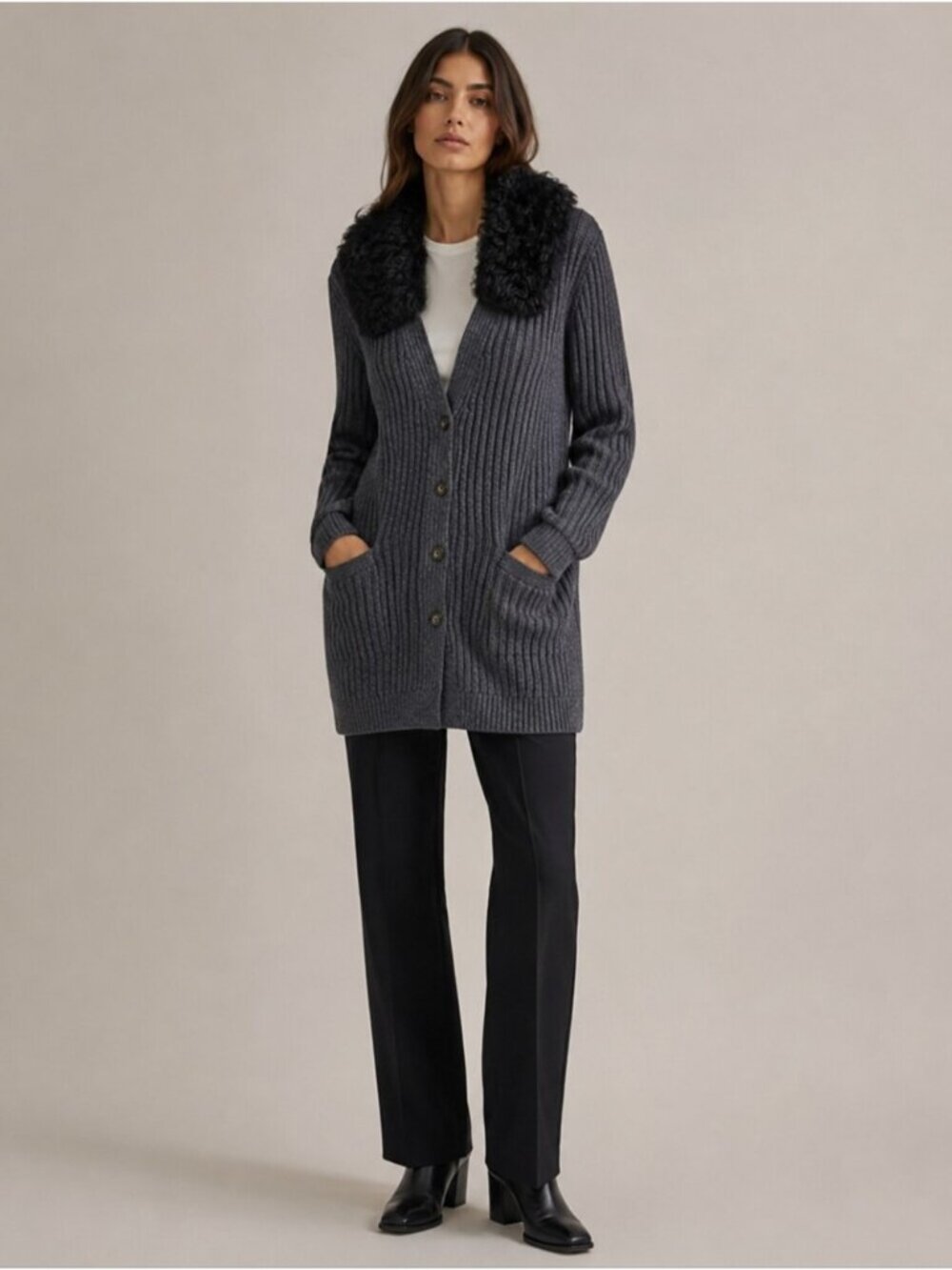 Tory Burch lambs Fur  collar Cardigan dark Gray